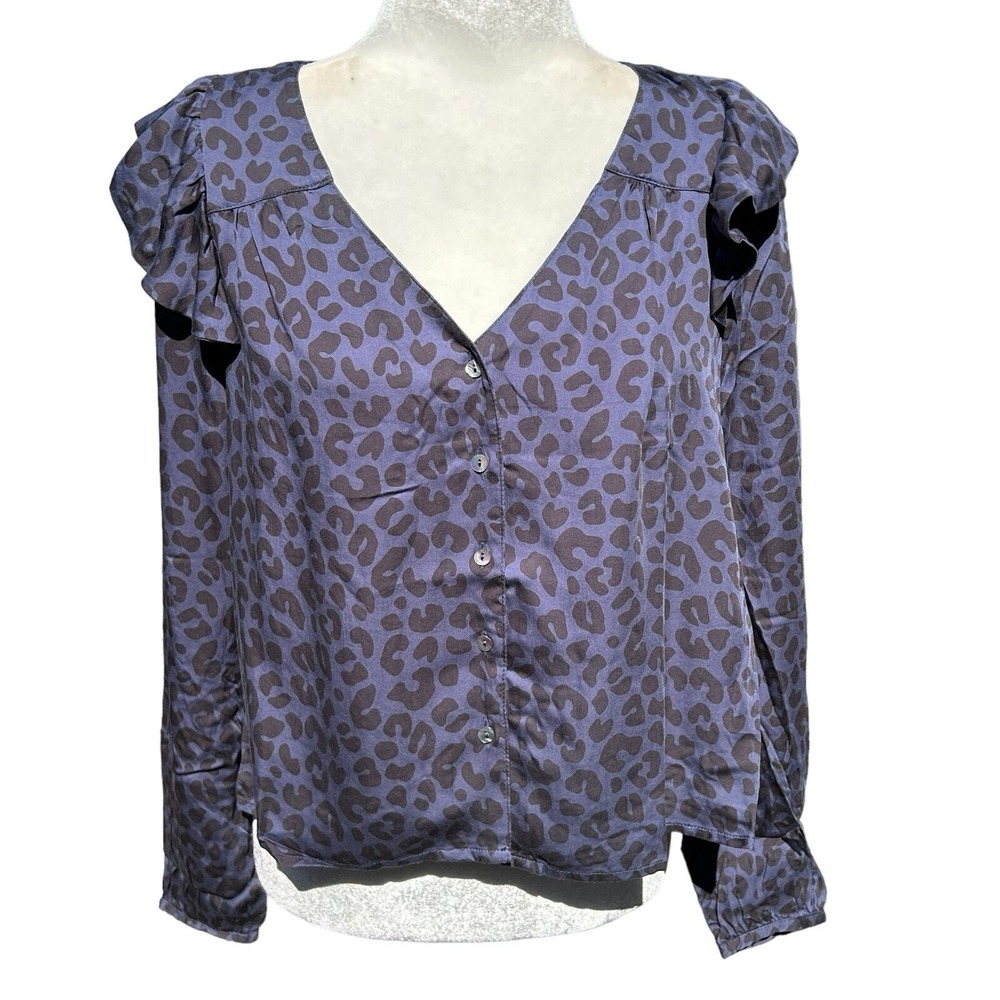 Marine Layer Rory Leopard Blouse Top Small Going Out Silky Ruffle V Neck NWT